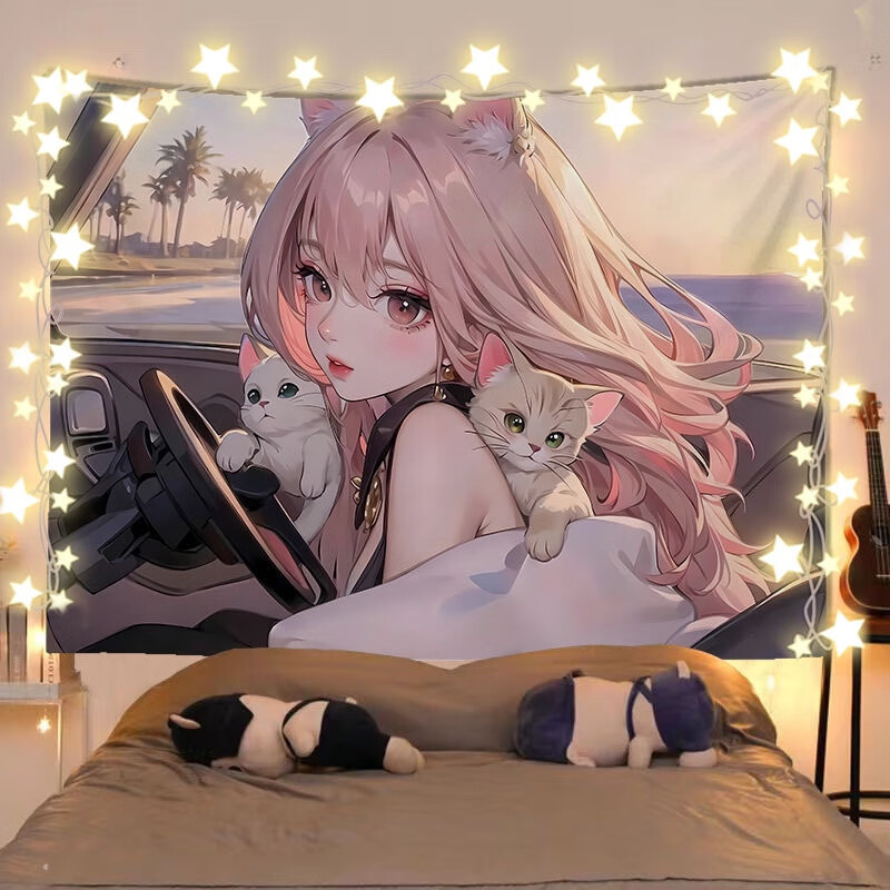 二次元少女背景布 少女和猫2动漫风景插画女生房间寝室装饰床头背 01