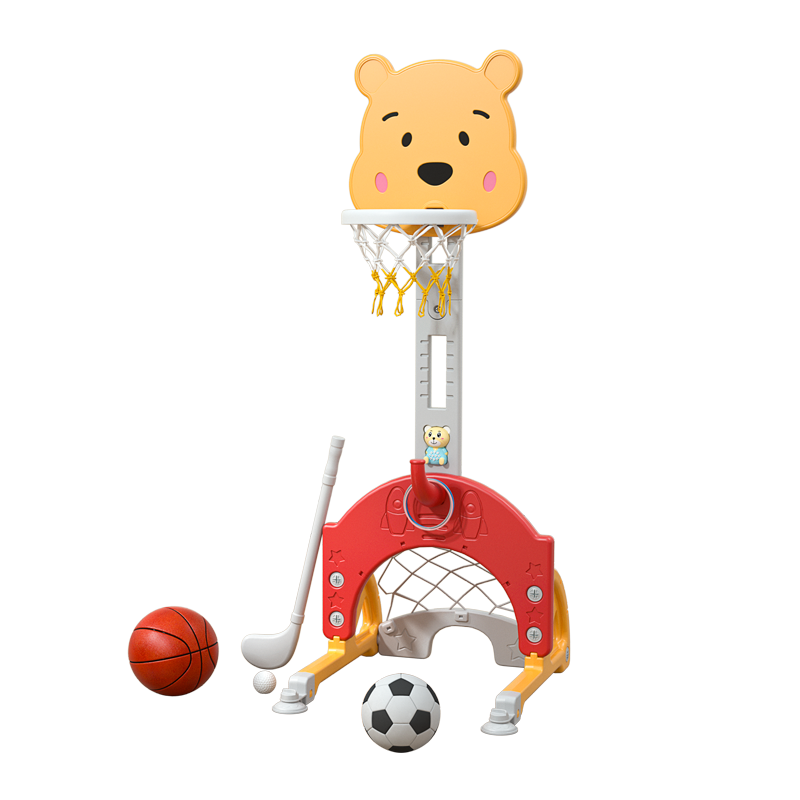 儿童篮球架玩具可升降男孩女孩玩具三合一多功能运动健身玩具篮球足球宝宝室内投篮框 卡通熊-绿橙基础款+高尔夫（送加固器）