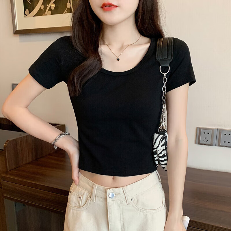 吻艺秀女生露肚子的衣服露脐上衣女酷辣显瘦短袖t恤女短款圆领高腰