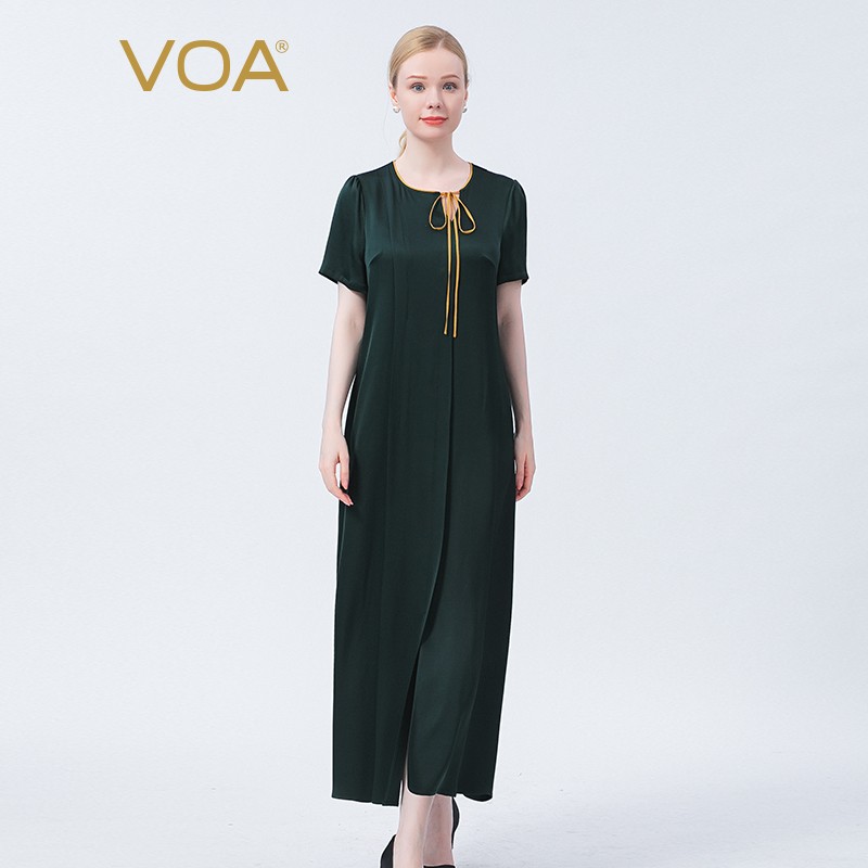 VOA真丝40姆米重磅双面缎圆领褶皱绑带宽松透气桑蚕丝连衣裙 AE951 绿荫冉冉（G06） 170/XL