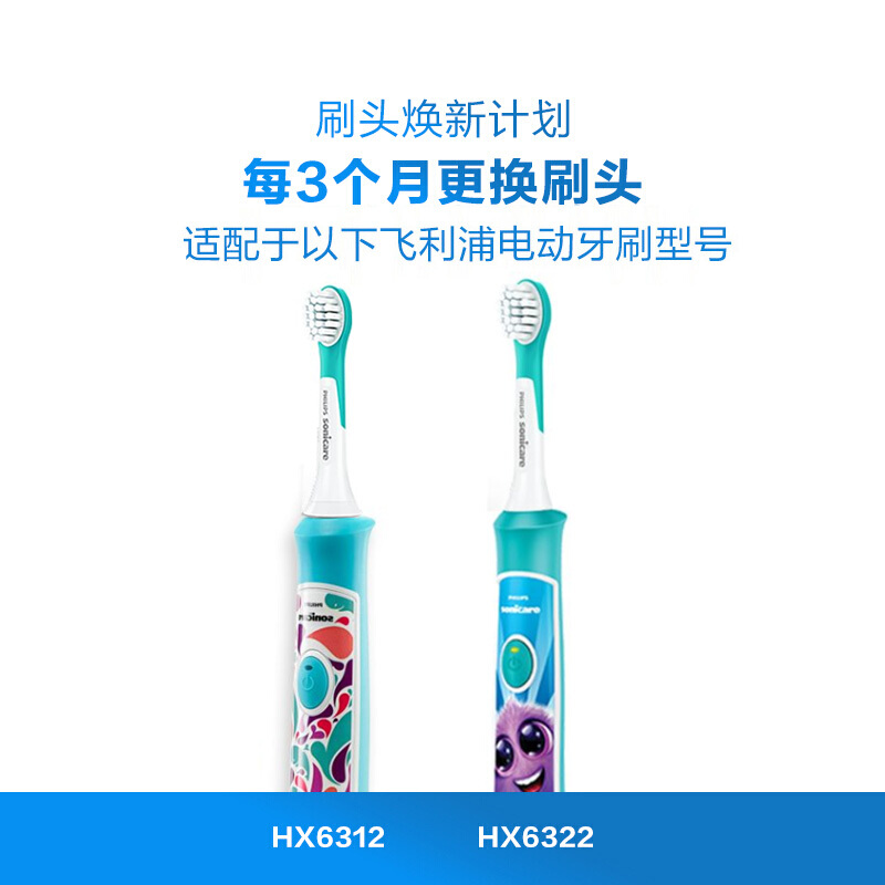 飞利浦(PHILIPS) 电动牙刷头 儿童迷你型 2支装 HX6032/35 适配HX6312 HX6322(新包装6032/63随机发货)