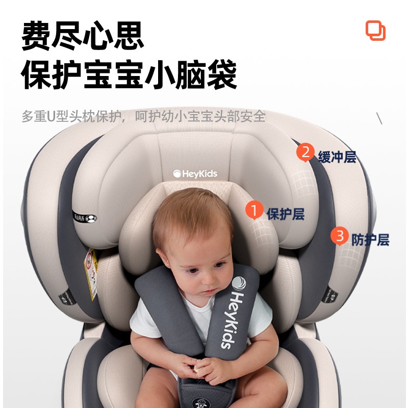 Heekin德国儿童安全座椅汽车用0-4-12岁婴儿宝宝ISOFIX硬接口360度旋转 尊享灰（上拉带+侧保护+遮阳棚）
