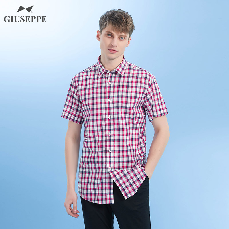 giuseppe/乔治白夏季男士薄款短袖衬衫方领格子微弹修身休闲衬衣 玫红