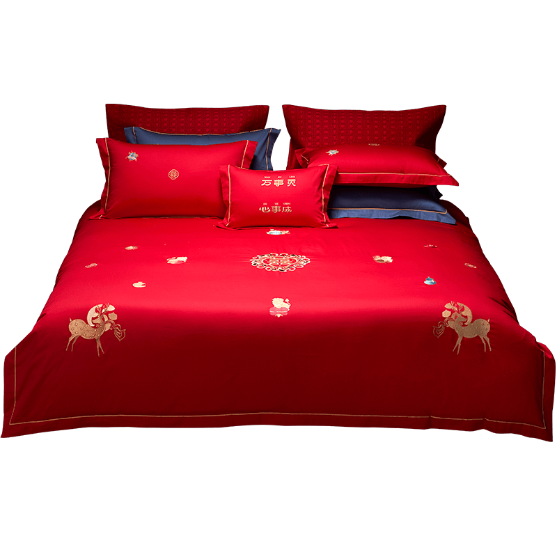 罗莱家纺 全棉绣花婚庆四件套床上用品双人套件床单被套被罩 福禄启承