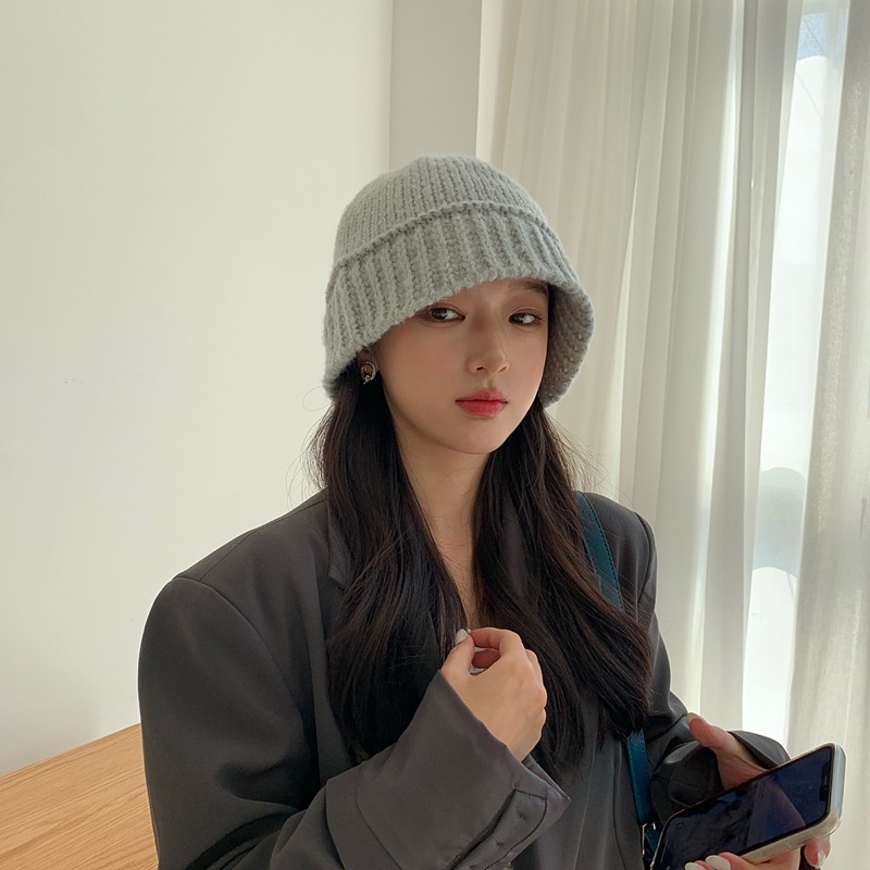 听风说粗针织毛线帽子女秋冬季韩版显脸小盆帽 浅灰 均码