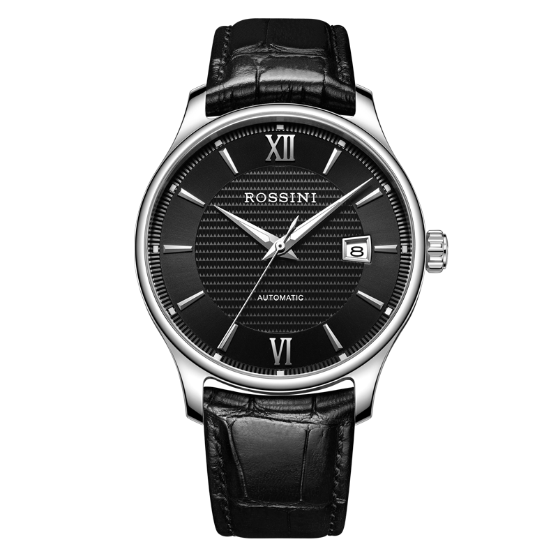 罗西尼手表价格走势-启迪系列经典自动机械男表日历防水黑盘皮带618865W04D