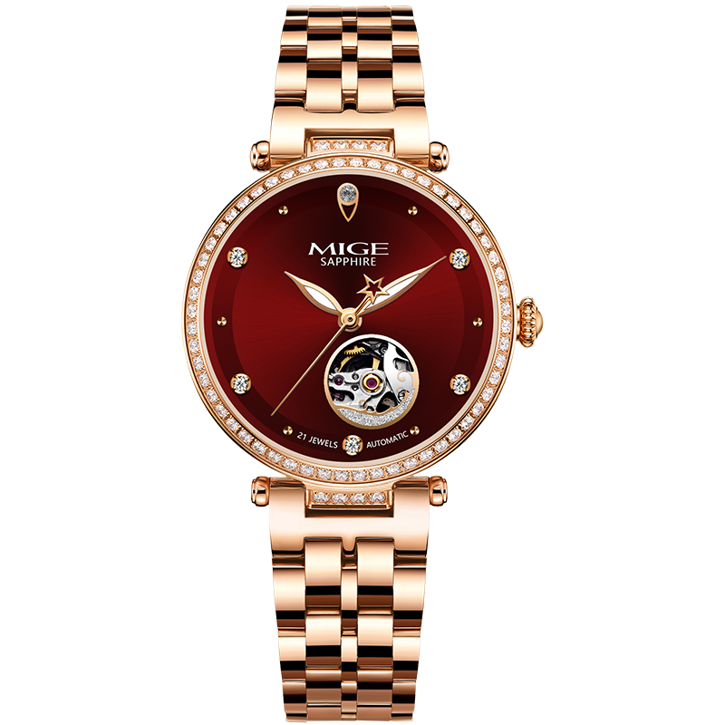 米格(mige)七夕情人节礼物手表女机械表镶钻镂空全自