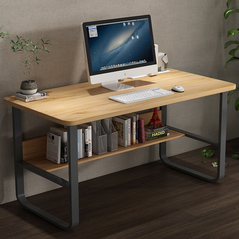 木以成居电脑桌简易书桌办公学习桌双层书架桌子黄梨木色1米LY-41390100YB
