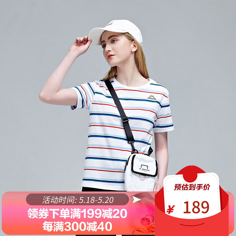 Kappa卡帕短袖2021新款夏季女运动T恤休闲条纹半袖K0B42TD02 漂白-001 XL