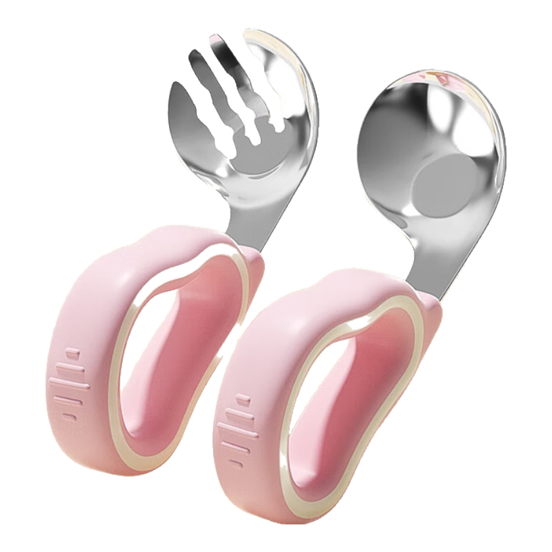 COOKSS兒童勺子元寶勺學(xué)吃飯316不銹鋼叉勺彎頭硅膠短柄訓(xùn)練輔食勺粉