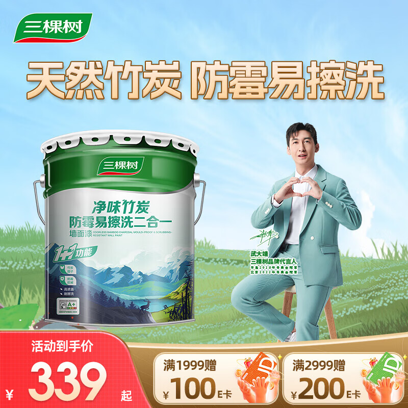 三棵树漆（SKSHU）乳胶漆内墙净味竹炭防霉二合一墙面油漆涂料 厂家直送 可调色18L