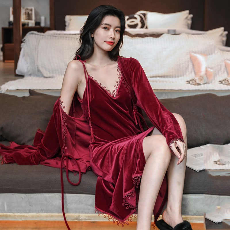 柠檬物语 金丝绒睡袍女秋冬季性感深v吊带长款睡衣大码露背套装