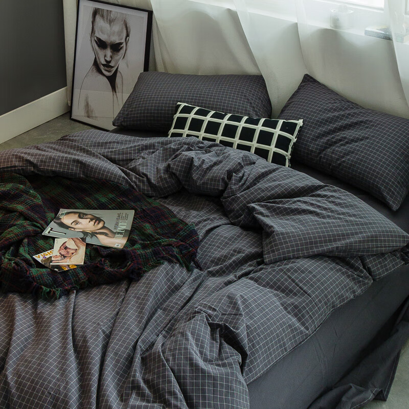 水洗棉四件套 纯棉简约被北欧裸睡纯色床单床笠 小灰格 1.8m（6英尺）床 床单款
