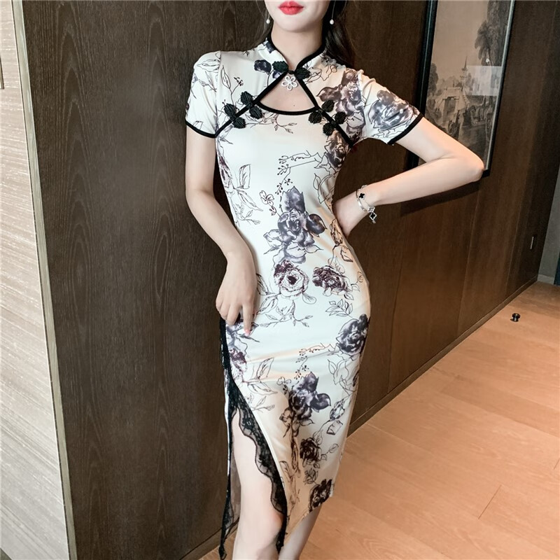 圣洛影宝名媛装法式印花复古优雅性感镂空开叉改良旗袍收腰显瘦性感