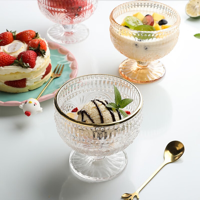 TINYHOME冰淇淋杯玻璃高脚杯雪糕杯子创意水果甜品杯网红冰激凌碗 透明描金