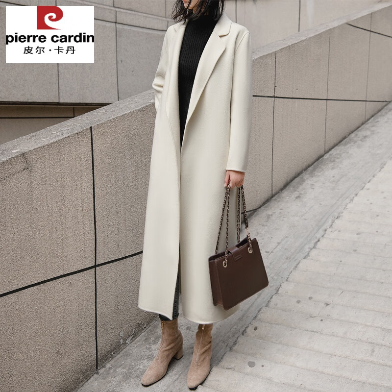 皮尔卡丹（pierre cardin）2025米白色双面羊绒呢大衣女超长款过膝气质宽松显瘦羊毛呢外套冬 米白色 M 105-120斤