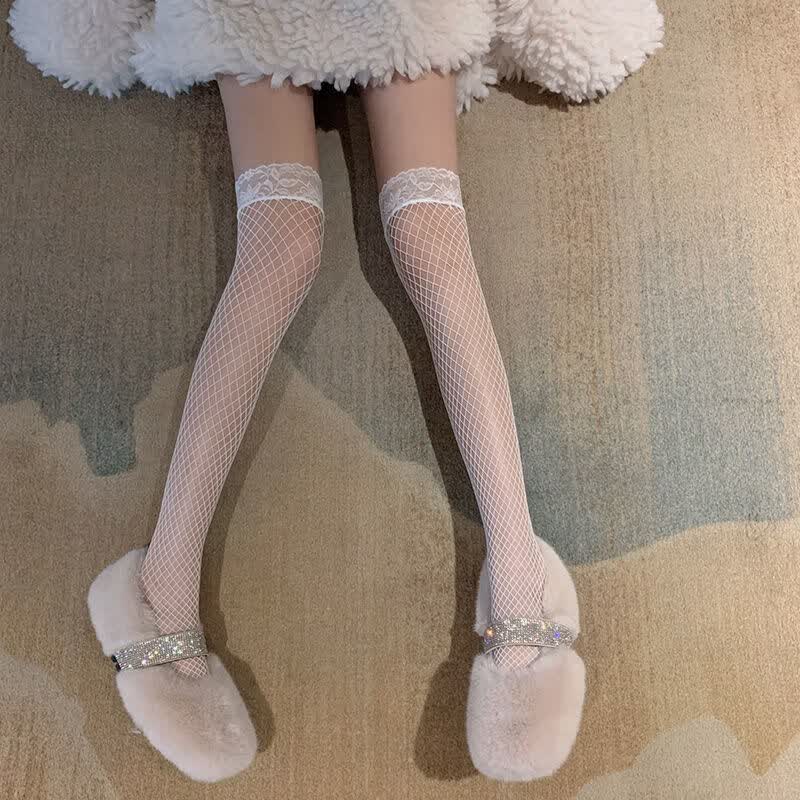 网格长筒袜ins中筒袜lolita百搭渔网袜jk大腿袜子 白色蕾丝渔网袜1双
