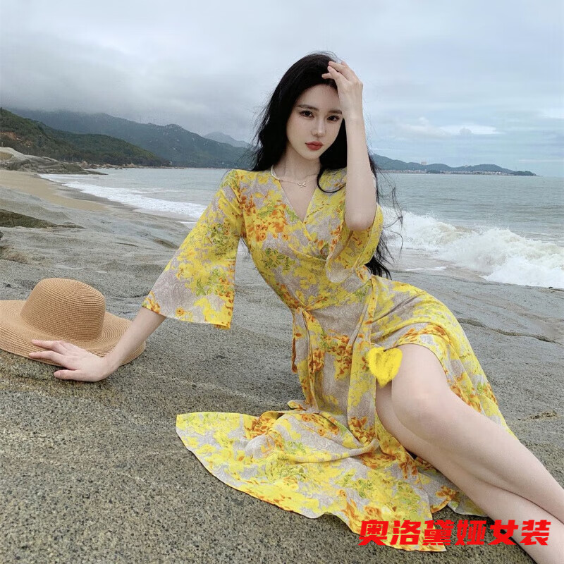 奧洛黛婭黃色戰(zhàn)袍一片式裹身連衣裙系帶法式風(fēng)情海邊度假印花開叉長裙女夏 BH黃色  XL 適合121-135斤