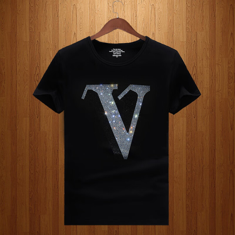 dkpq瓦萨琪字母圆领莫代尔烫钻短袖t恤男青年大码体恤半袖潮牌 字母v