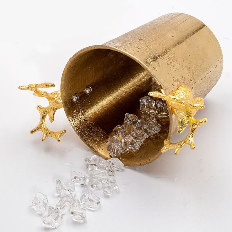PJ欧式香槟桶不锈钢冰桶家用冰酒桶金色鹿角冰块桶复古样板房装饰 金色大号5L+不锈钢冰夹