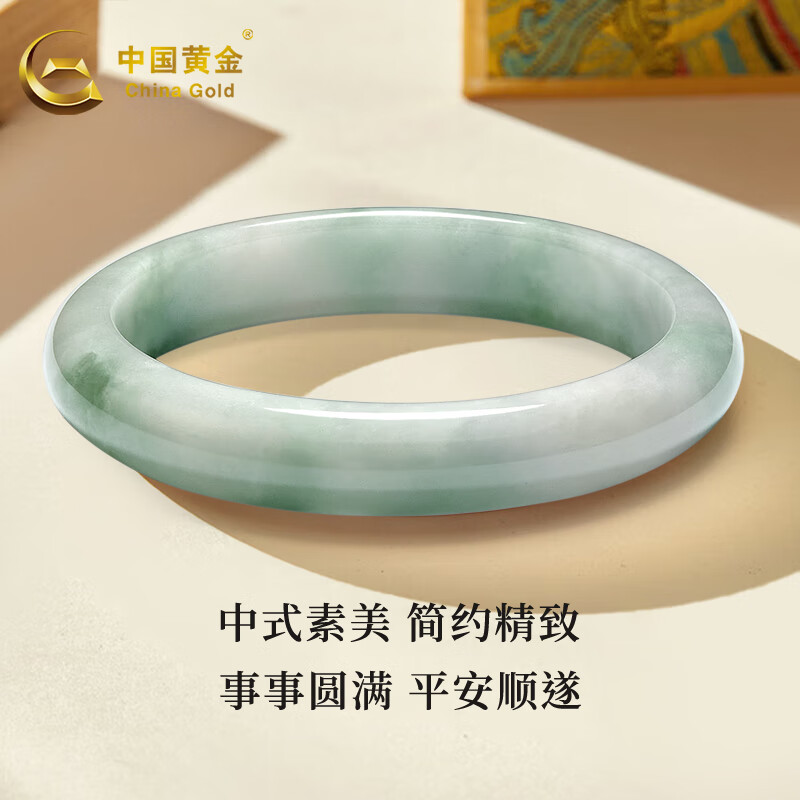 中国黄金(CHINA GOLD)翡翠手镯玉石冰糯种浅绿色平安镯礼物送老婆送妈妈玉手镯女七夕 翡翠浅绿色手镯+证书礼盒 54mm