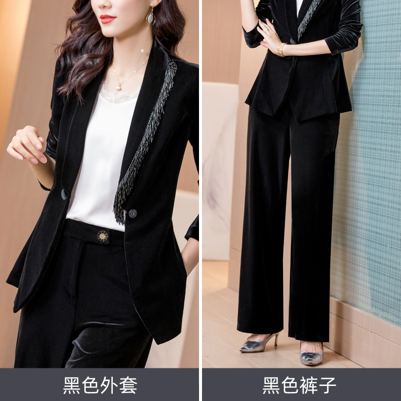 秋冬2021上衣气质高端职业装休闲金丝绒小西服套装 黑色【外套 裤子】