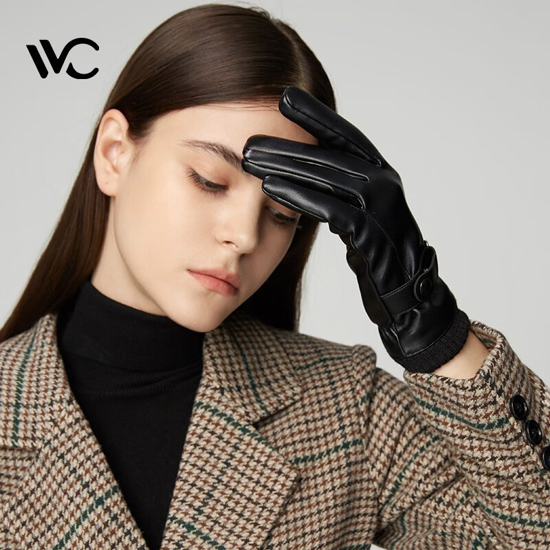 手套女骑行手套加绒户外保暖手套全掌触屏时尚加厚防寒手套漆皮黑女款