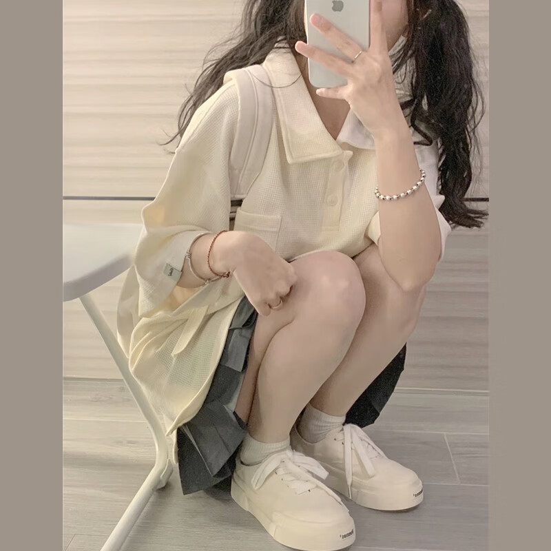 生透气美式复古polo衫宽松上衣设计感 上衣【上衣/早春穿搭/气质宽松