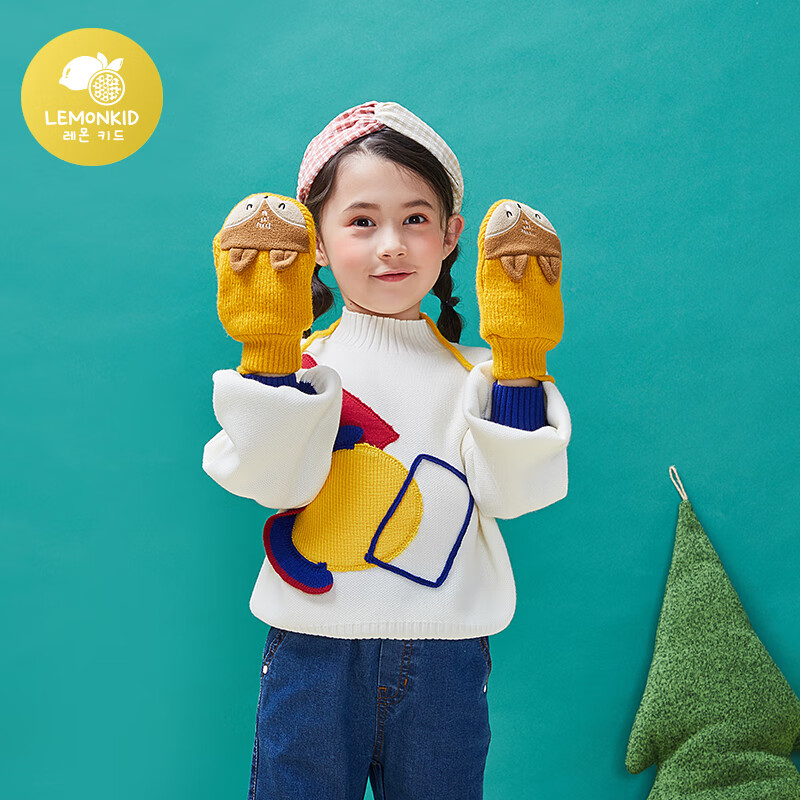 柠檬宝宝儿童冬季保暖手套萌趣卡通刺绣加绒加厚手套户外防寒保暖 姜黄色狐狸【小码】 【建议年龄参考主图】
