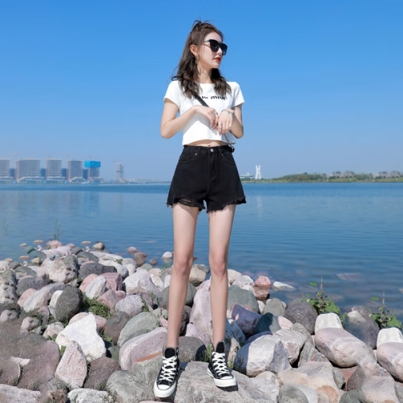 黑色高腰牛仔短裤女夏季薄款2024年新款宽松阔腿显瘦a字辣妹热裤 黑色
