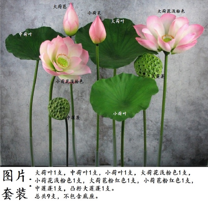 假荷花仿真 pu带杆荷花花苞假荷叶水池装饰造景防水落地长枝 图片9支