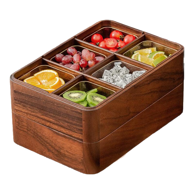 木雅軒干果盤實木干果盒瓜子糖果盤分格水果盤客廳干果收納盒果盤零食盤 胡桃木雙層+12玻璃碗
