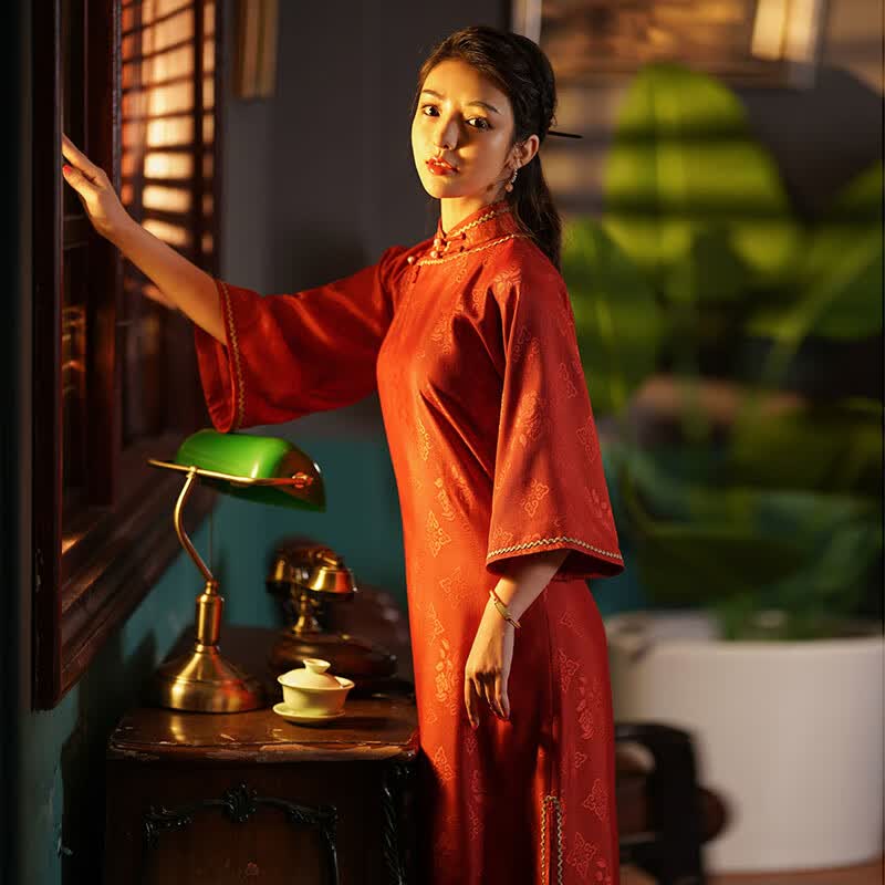 民国风倒大袖旗袍故宫红色显瘦年轻一片式传统开襟婚礼日常 现货