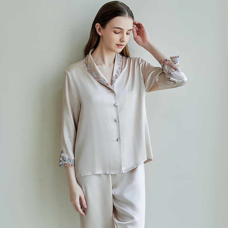 江南故事真丝睡衣女重磅19姆米桑蚕丝长袖长裤套装亲肤家居服高级感礼物 香槟灰色 【爱人礼物】 3XL