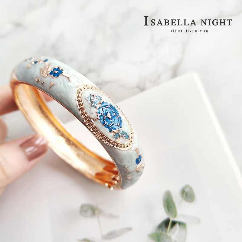 诗筠（SHIJUN）景泰蓝手镯珐琅彩北京冰蓝牡丹雕花开口手环老外旅游生日出国礼物 冰蓝牡丹花手镯_