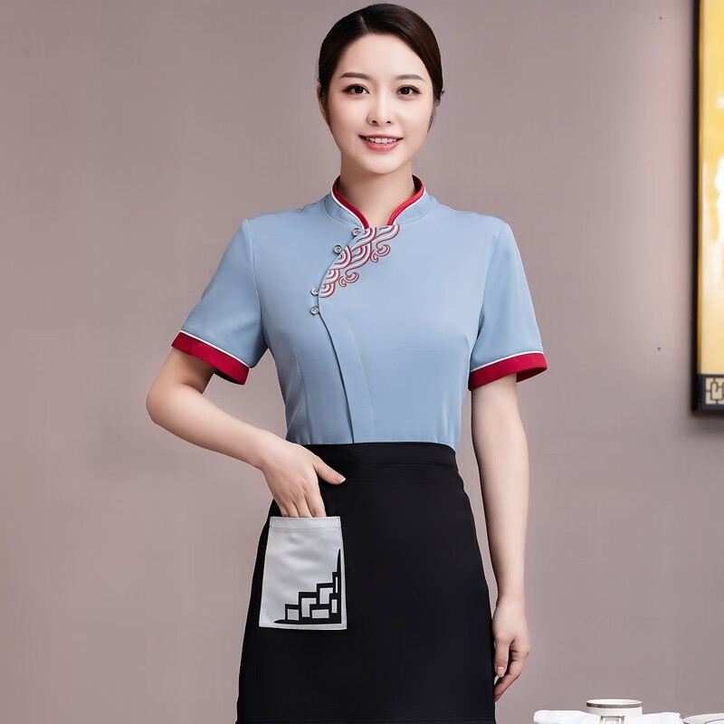 梵清衣裳夏季酒店饭店中式服务员装短袖餐厅前厅服务员工作服定制logo