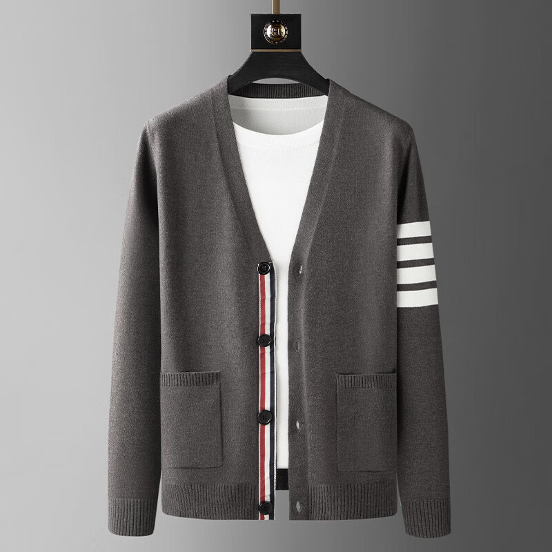 秋冬季休闲tb四道杠条纹男士v领毛衣 f506雾灰-天然纤维莱赛尔针织面