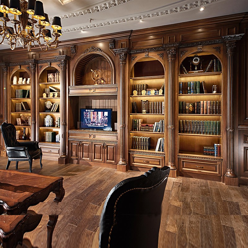 欧伦美欧式实木书柜墙美式实木书柜组合书房大书柜书架别墅书柜全屋