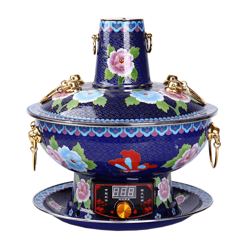 纯铜锅家用珐琅木炭鸳鸯铜火锅 32厘米清汤锅6人以下使用(蓝色牡丹)