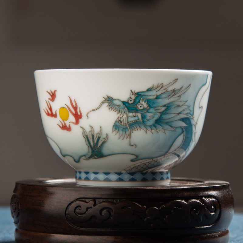 千红窑 大师手绘工笔画 功夫茶杯纯手绘游龙杯釉下彩白瓷品茗杯主人杯