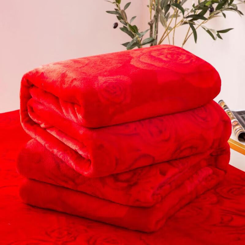艺彩蝶结婚用的红毯子法兰绒毛毯双面盖毯学生单人床单加厚珊瑚绒空调毛 幸福玫瑰铺盖两用 230x250c·m优等加大.包边款