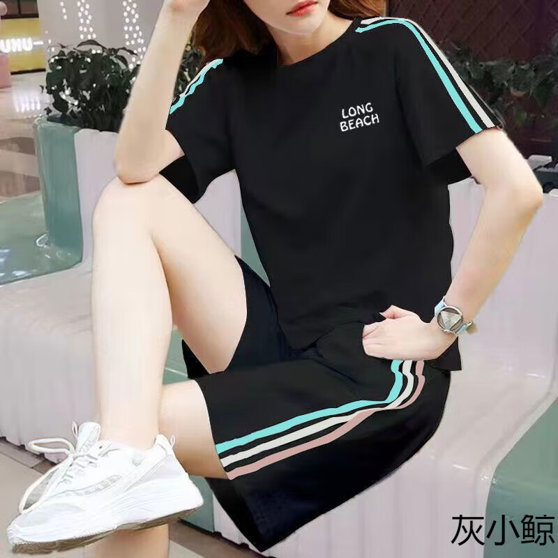邦菲尔纯棉休闲运动服套装女夏季新款大码宽松学生短袖短裤两件套潮 单件白色三色上衣字母 4XL 建议160-180斤