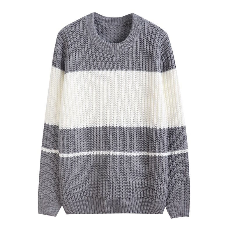 装秋冬新款毛衣温柔慵懒风一男一女韩版宽松简约套头撞色毛衫 灰色 s