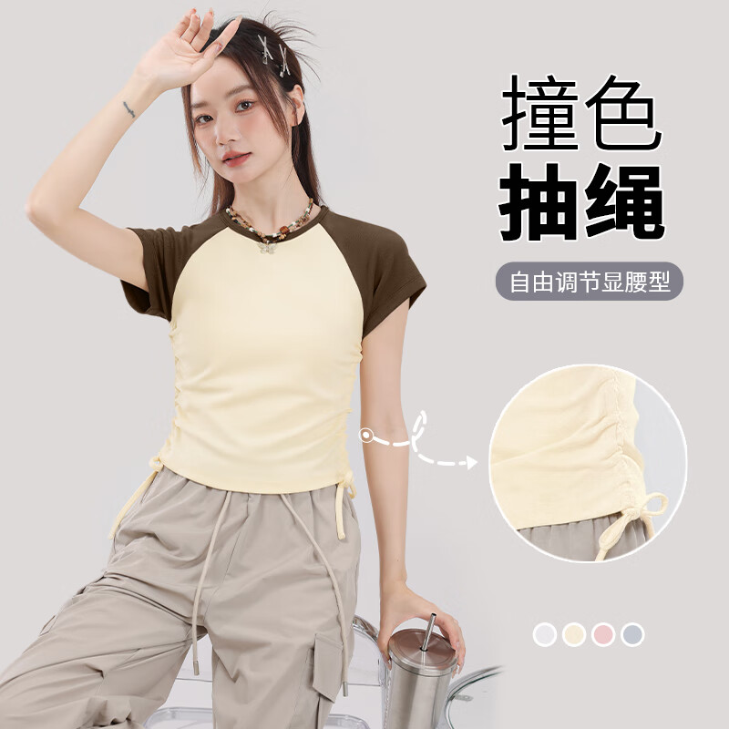真维斯撞色抽褶紧身短款短袖t恤女夏季新款时尚休闲校园风半袖GX 麻灰-纯色 M
