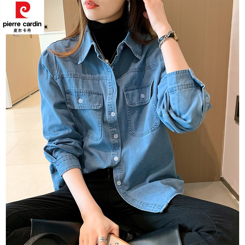 牛仔衬衣女早春2023年新款港风复古小众上衣蓝色内搭叠穿衬衫外 