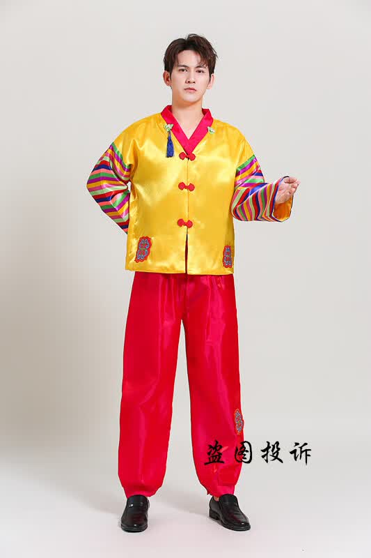 玖维娅新款韩国韩服男士古装宫廷少数民族朝鲜族舞台蹈婚礼表演出服 男款黄色 成人170吗100-120斤使用感如何?