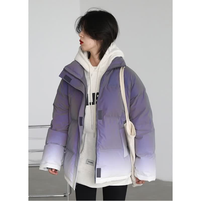 渐变色羽绒服男女冬新款加厚保暖科技感反光渐变羽绒服女立领加厚面包