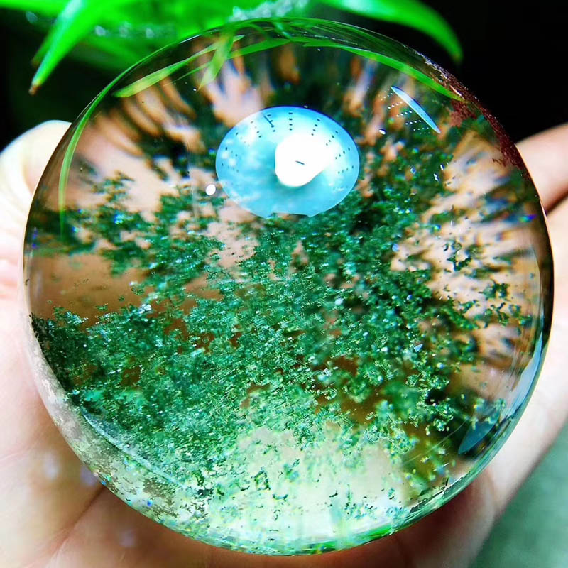 沃韵 绿幽灵水晶球摆件 绿幽灵聚宝盆水晶球把玩件