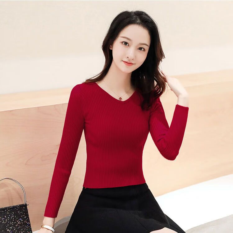 性感低领v领紧身毛衣女鸡心领短款针织短款上衣小个子针织衫女修身