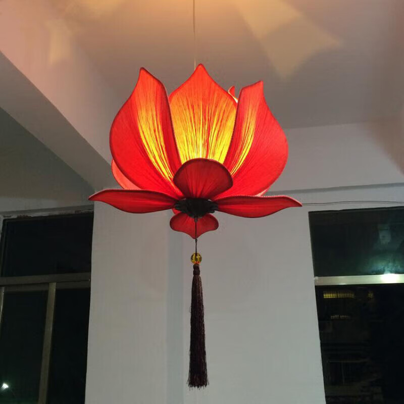 新中式禅意莲花吊灯仿古荷花灯创意茶楼古典灯笼布艺灯具 直径40cm